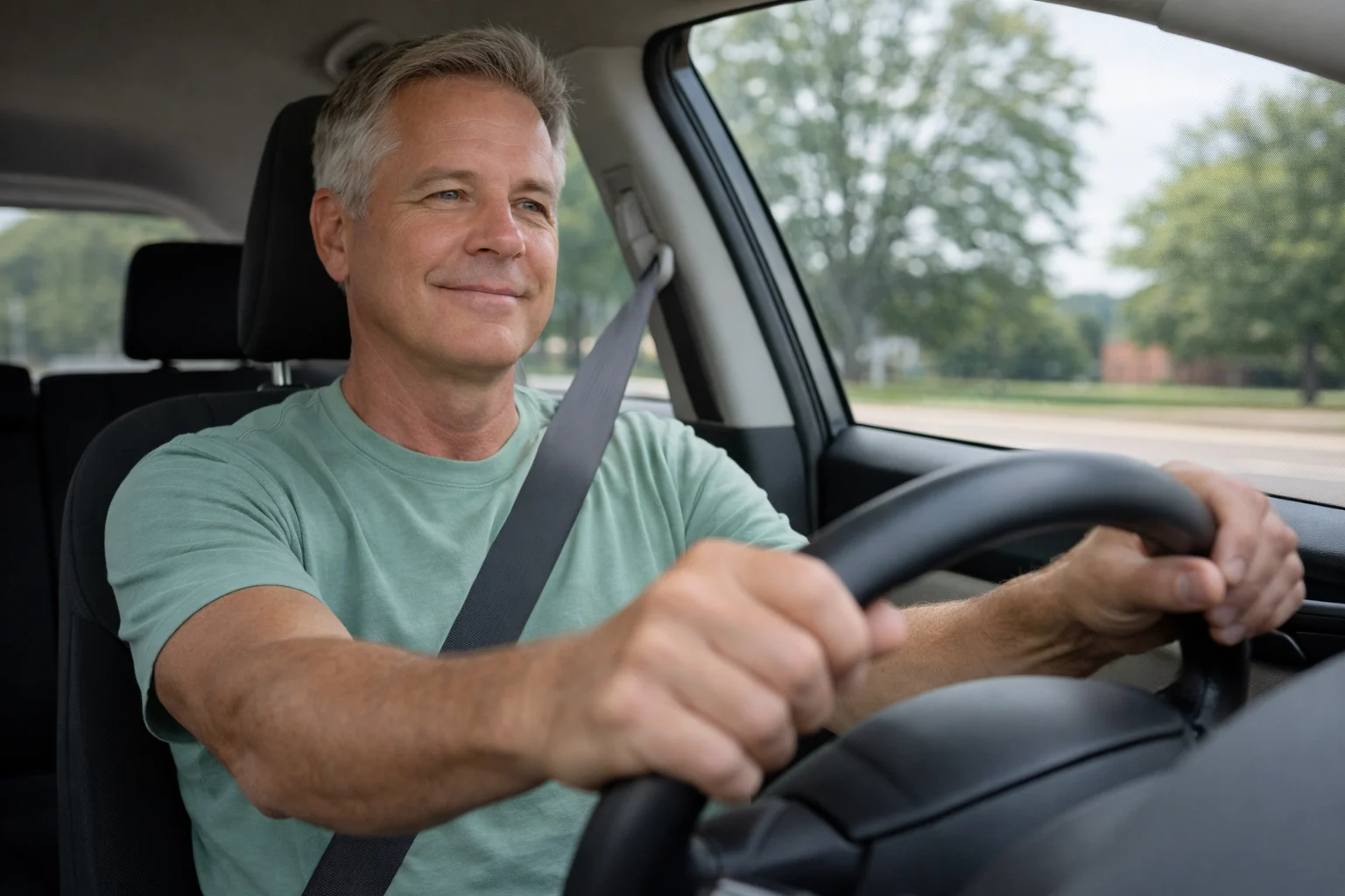 Man driving calmly without planning bathroom stops