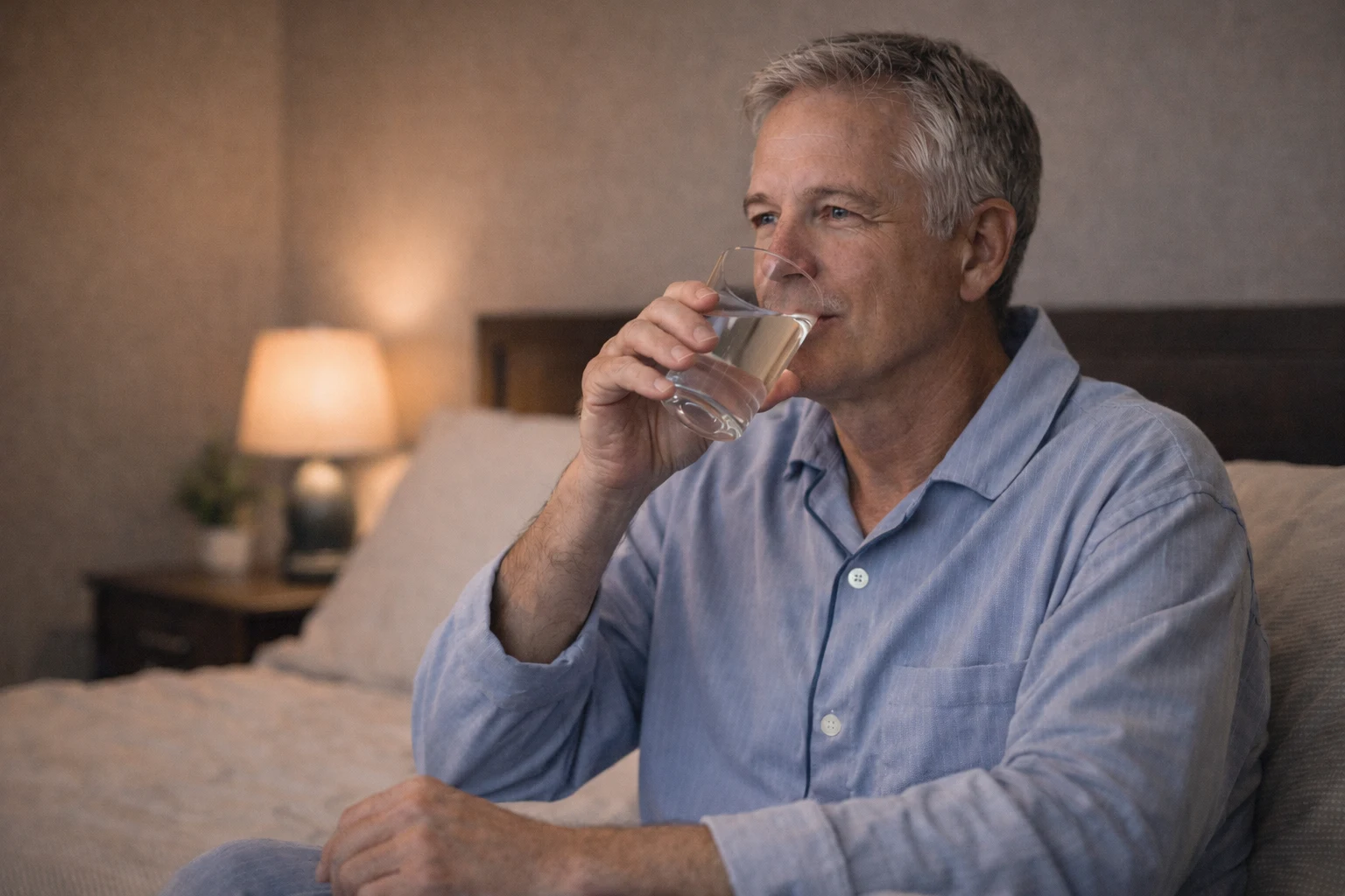 Man drinking water normally at night without fear